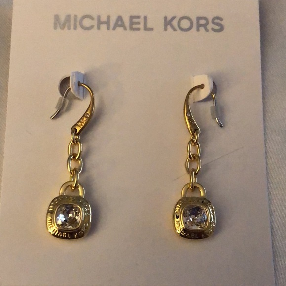Michael Kors Gold Tone Chain & Square Drop Earrings Crystal & Logo Accent NWT - Picture 7 of 11